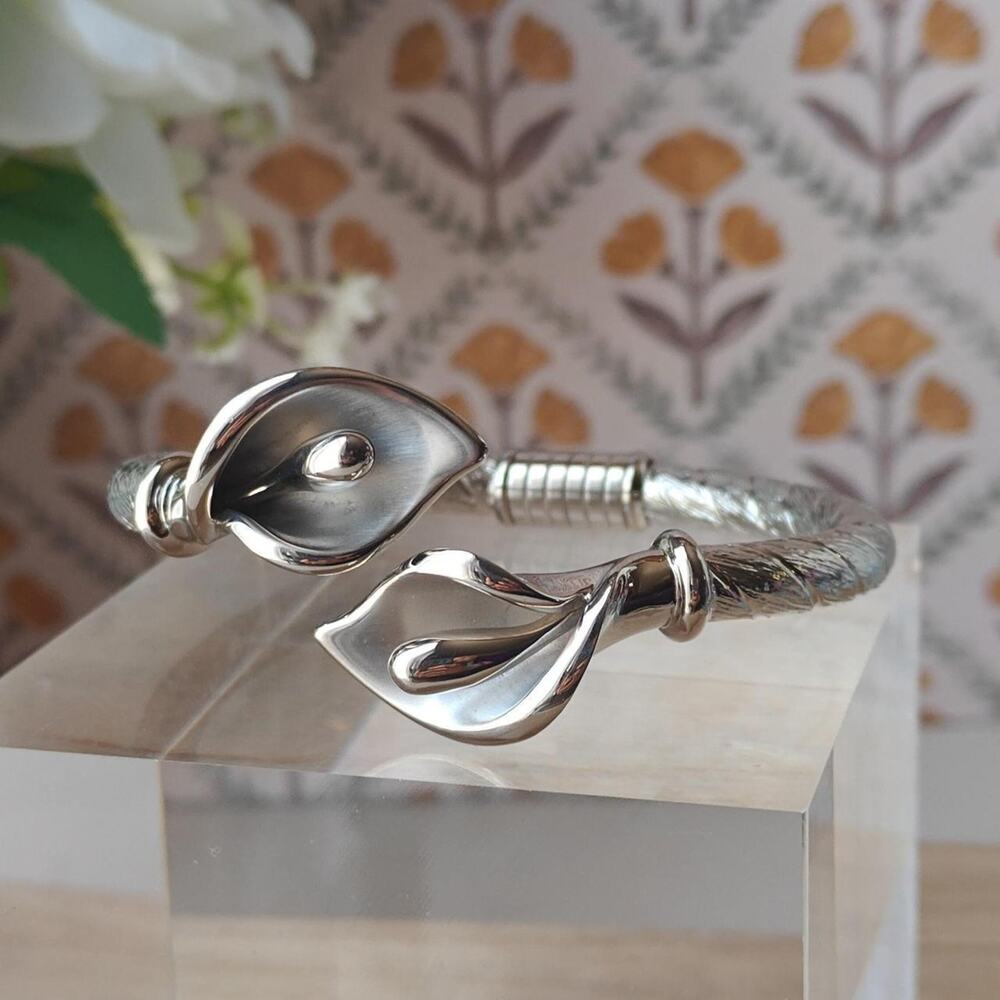 Stainless steel calla lily bypass bangle bracelet by Tivvon